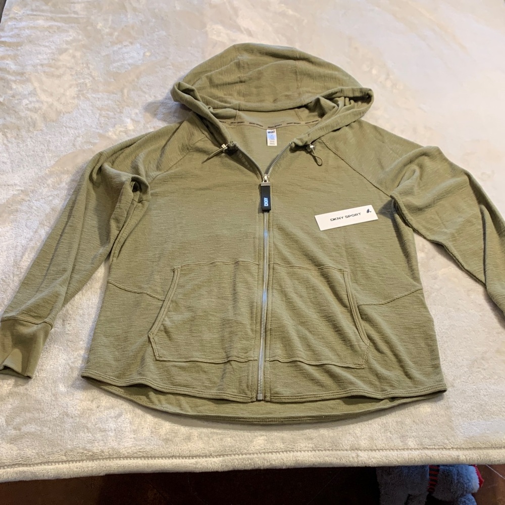 DKNY‎ Slub Waffle Knit Zip Front Hoodie NWT Medium Green Lightweight Cotton/Poly - Picture 5 of 16
